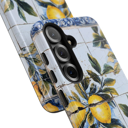 Phone Case, Coastal Tough Case With Lemons in Distressed Ceramic Tile Design, Protective Cover, Summer Accessory, Mediterranean Style iPhone