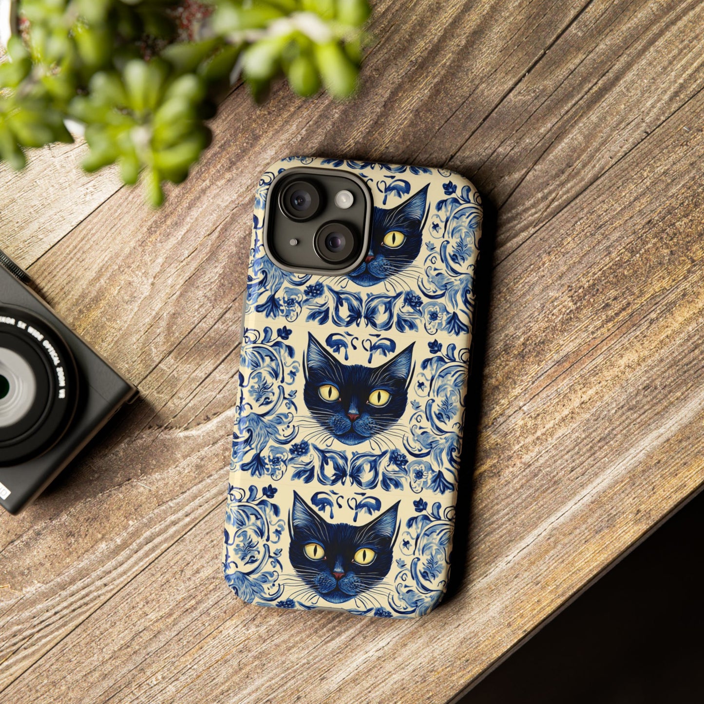 Tough Phone Case - Mediterranean Tile Motif With Blue Cats
