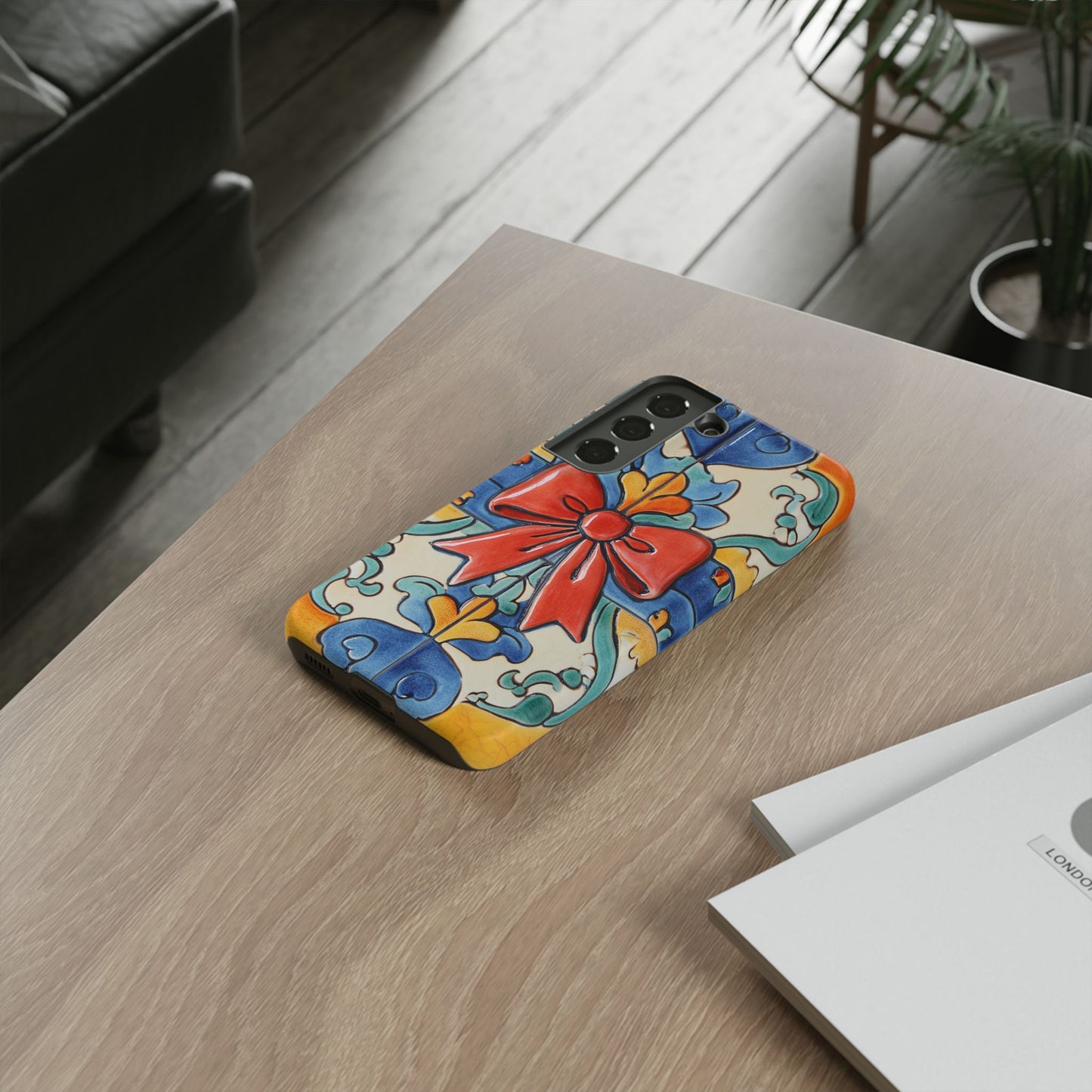 Colourful Ceramic Tile Design Phone Case With Red Bow