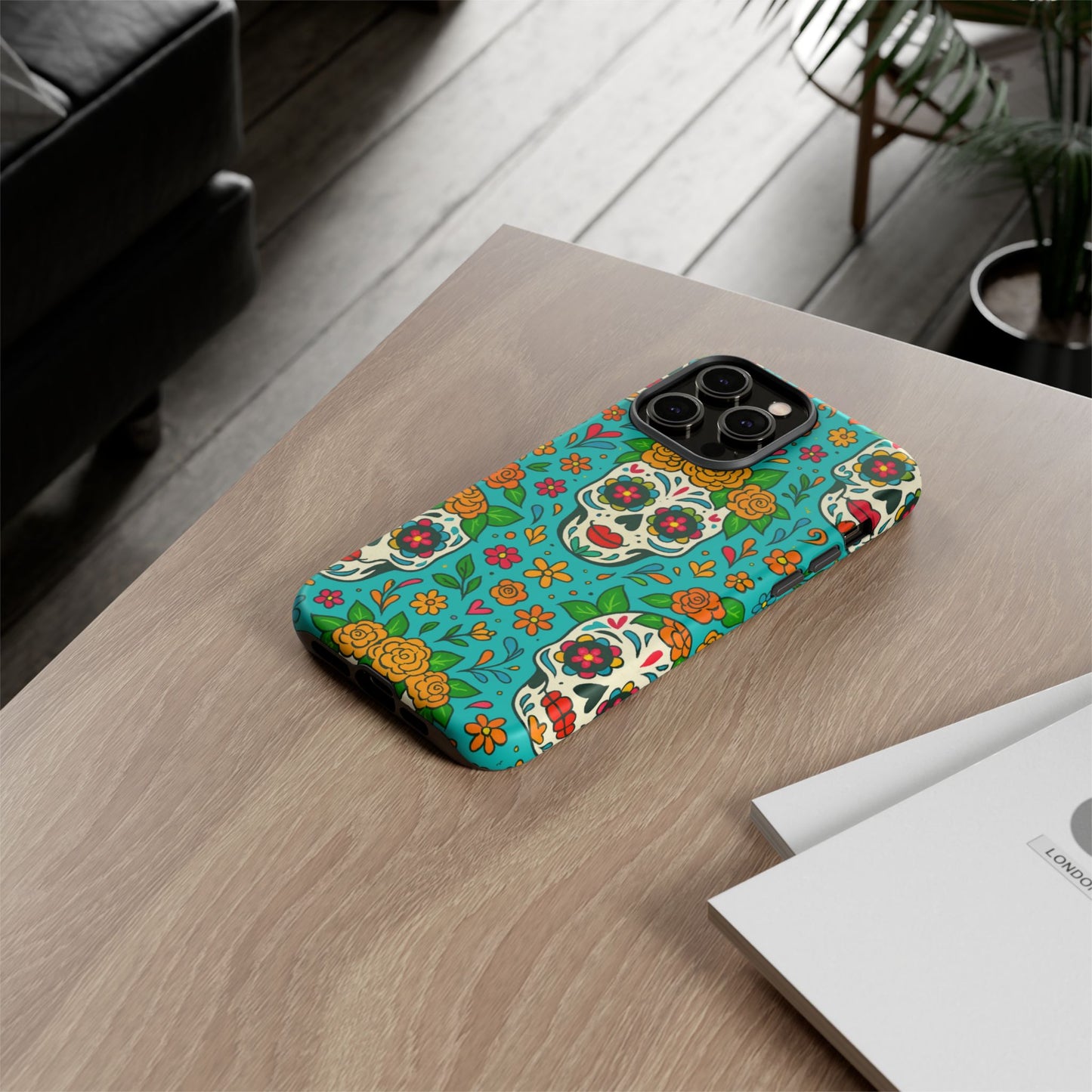Teal Mexican Style Phone Cases With Floral Skulls - Dia De Los Muertos