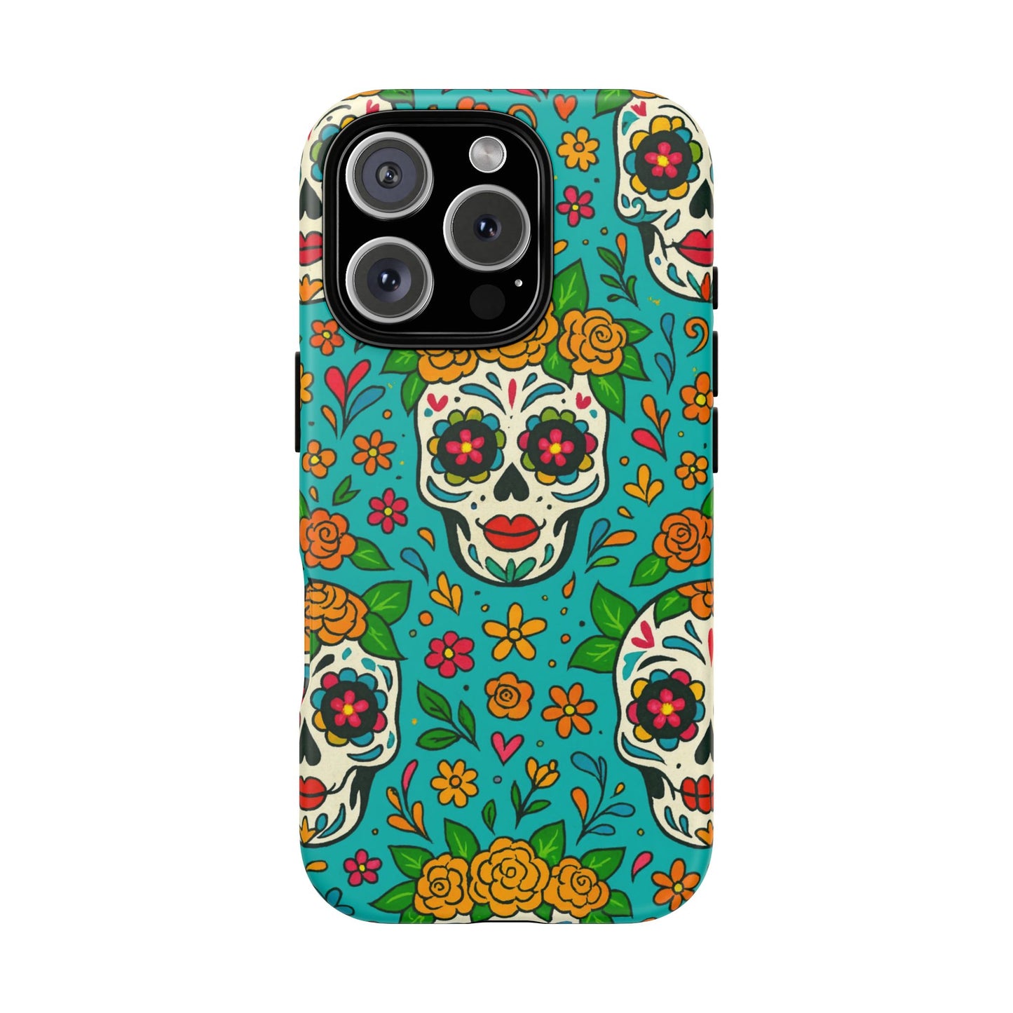 Teal Mexican Style Phone Cases With Floral Skulls - Dia De Los Muertos