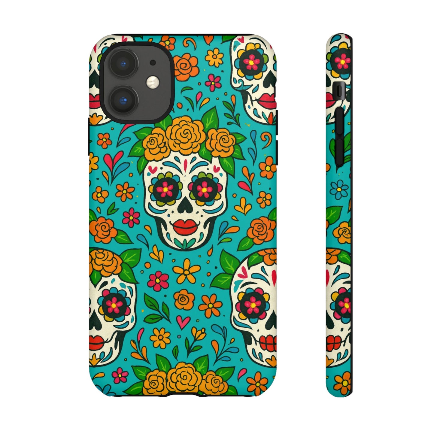 Teal Mexican Style Phone Cases With Floral Skulls - Dia De Los Muertos