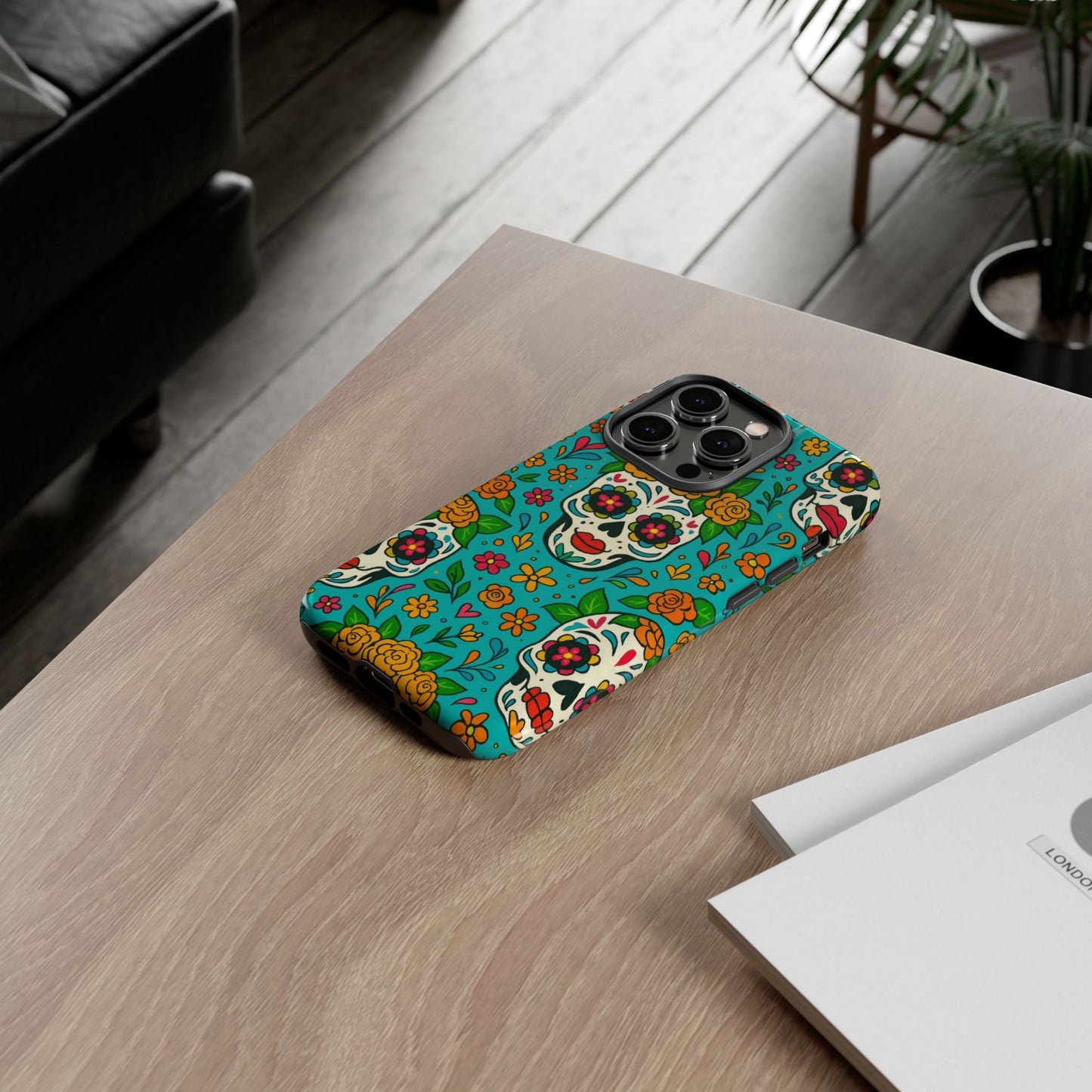 Teal Mexican Style Phone Cases With Floral Skulls - Dia De Los Muertos
