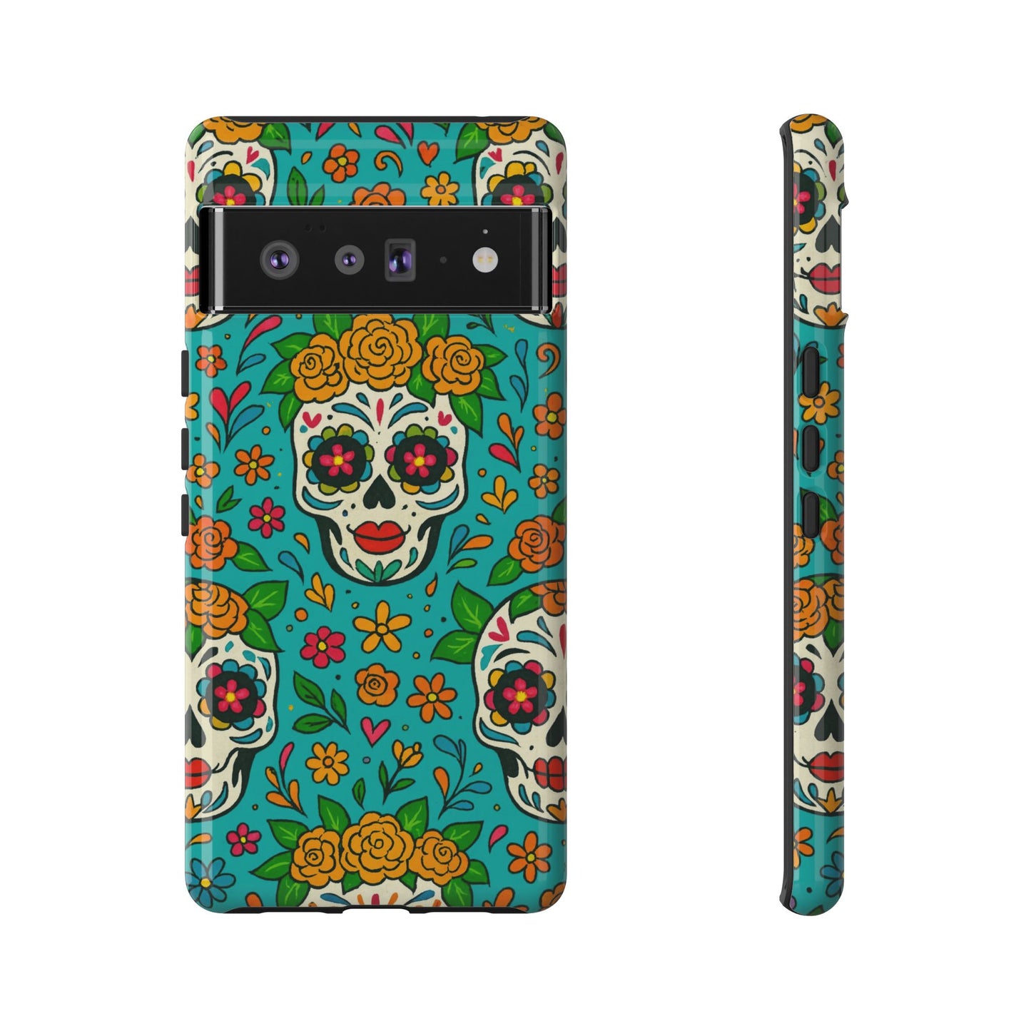 Teal Mexican Style Phone Cases With Floral Skulls - Dia De Los Muertos