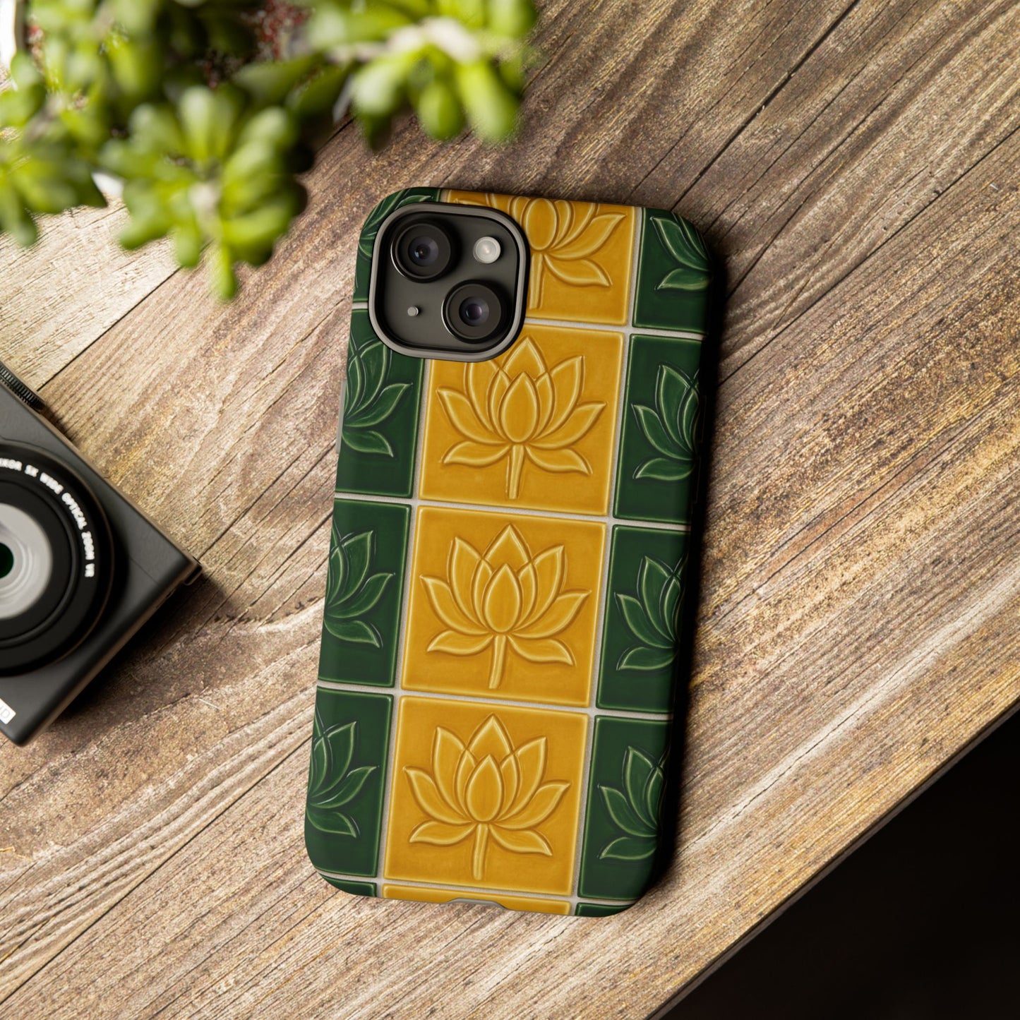 Tough Phone Cases - Mustard Yellow & Green Ceramic Tile From Caldas Da Rhaina, Portugal