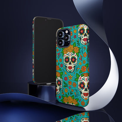 Teal Mexican Style Phone Cases With Floral Skulls - Dia De Los Muertos
