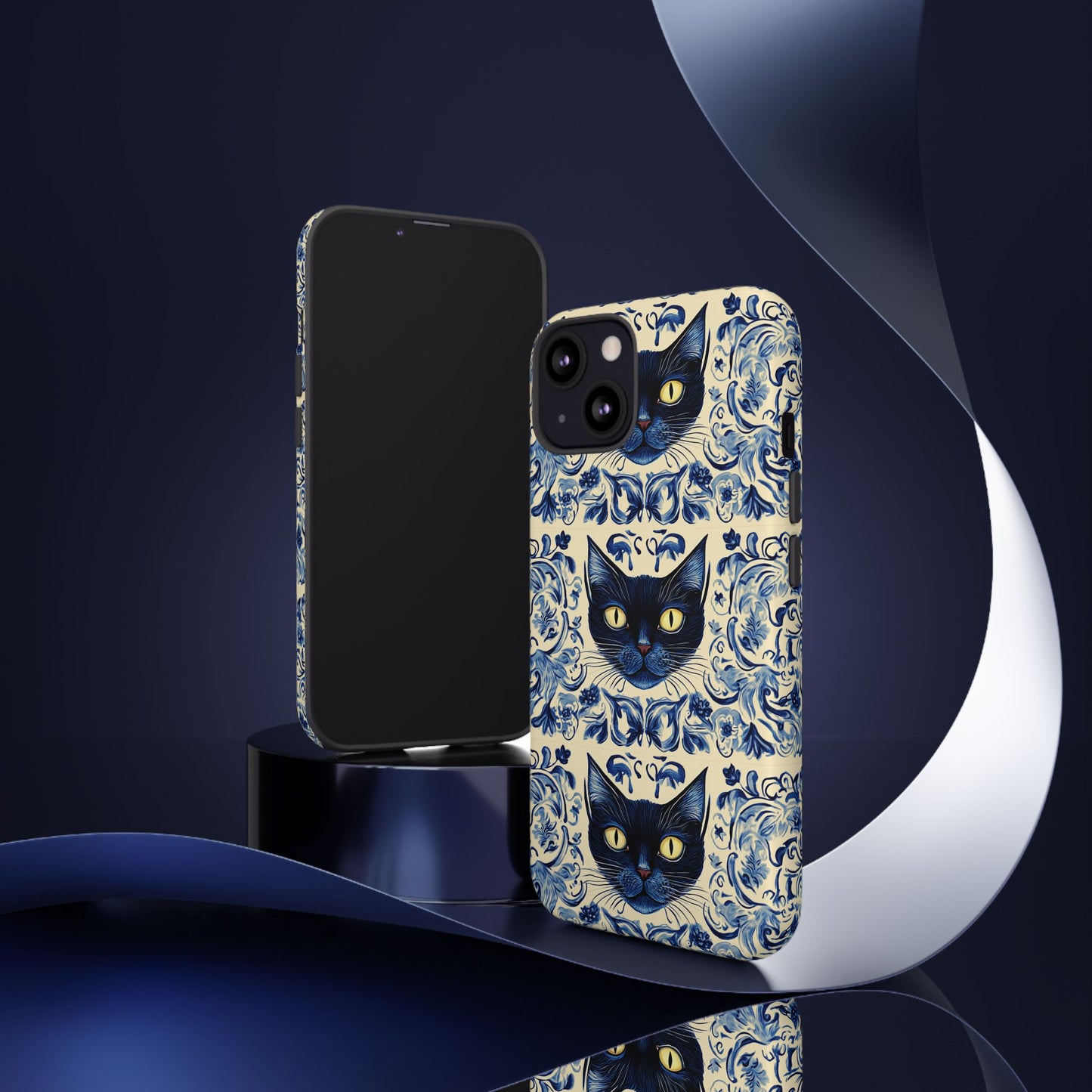 Tough Phone Case - Mediterranean Tile Motif With Blue Cats