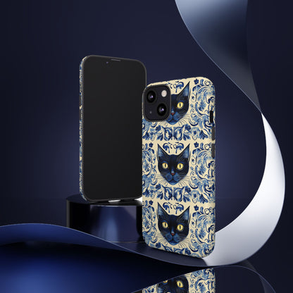 Tough Phone Case - Mediterranean Tile Motif With Blue Cats