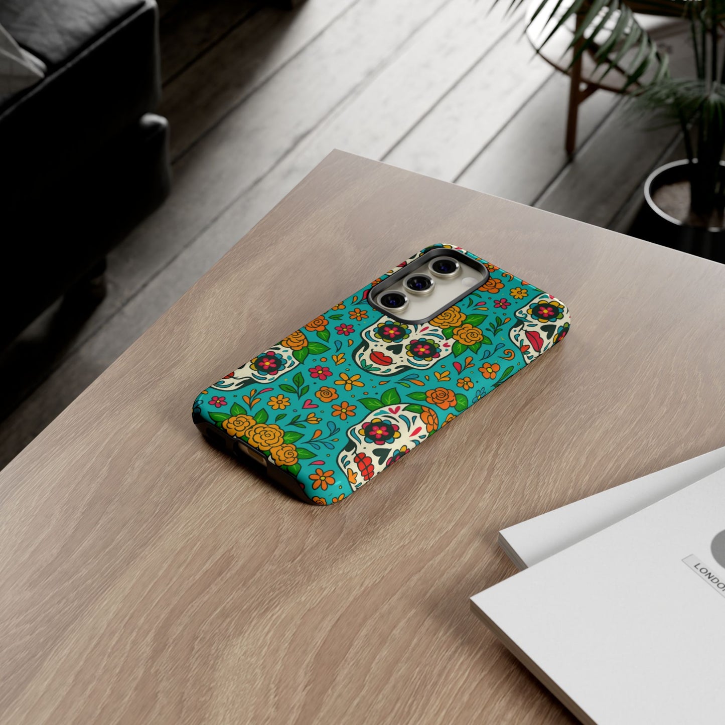 Teal Mexican Style Phone Cases With Floral Skulls - Dia De Los Muertos