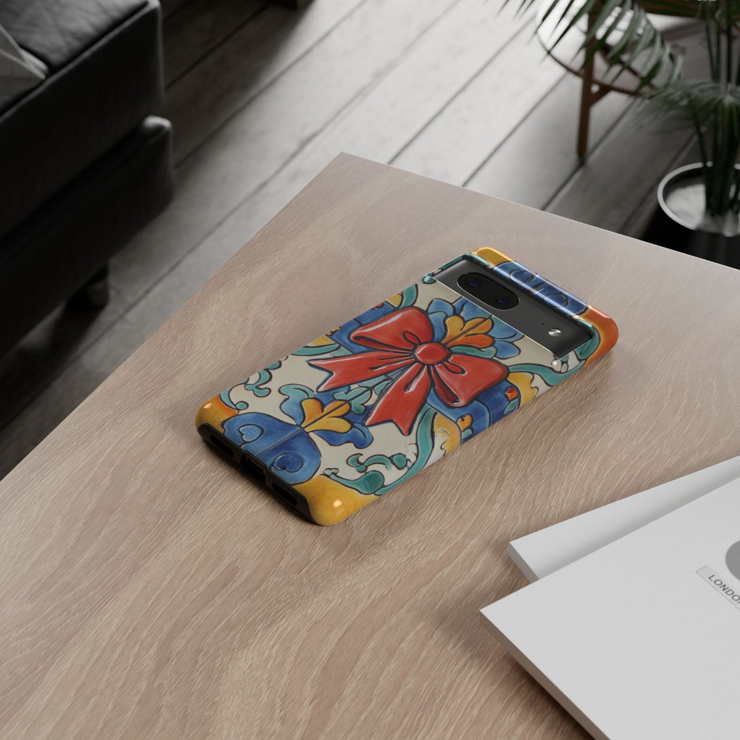 Colourful Ceramic Tile Design Phone Case With Red Bow