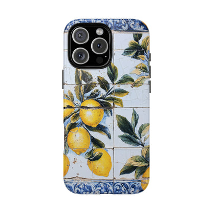 Phone Case, Coastal Tough Case With Lemons in Distressed Ceramic Tile Design, Protective Cover, Summer Accessory, Mediterranean Style iPhone