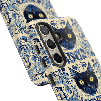 Tough Phone Case - Mediterranean Tile Motif With Blue Cats