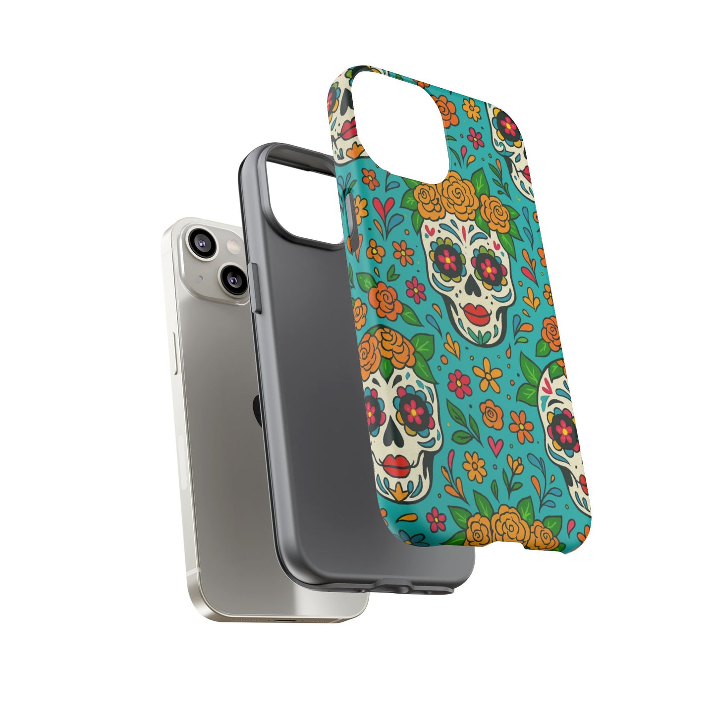 Teal Mexican Style Phone Cases With Floral Skulls - Dia De Los Muertos