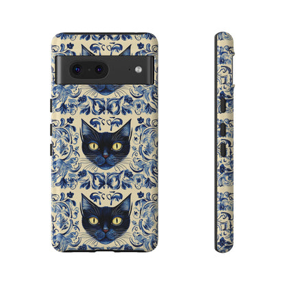 Tough Phone Case - Mediterranean Tile Motif With Blue Cats