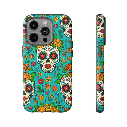Teal Mexican Style Phone Cases With Floral Skulls - Dia De Los Muertos