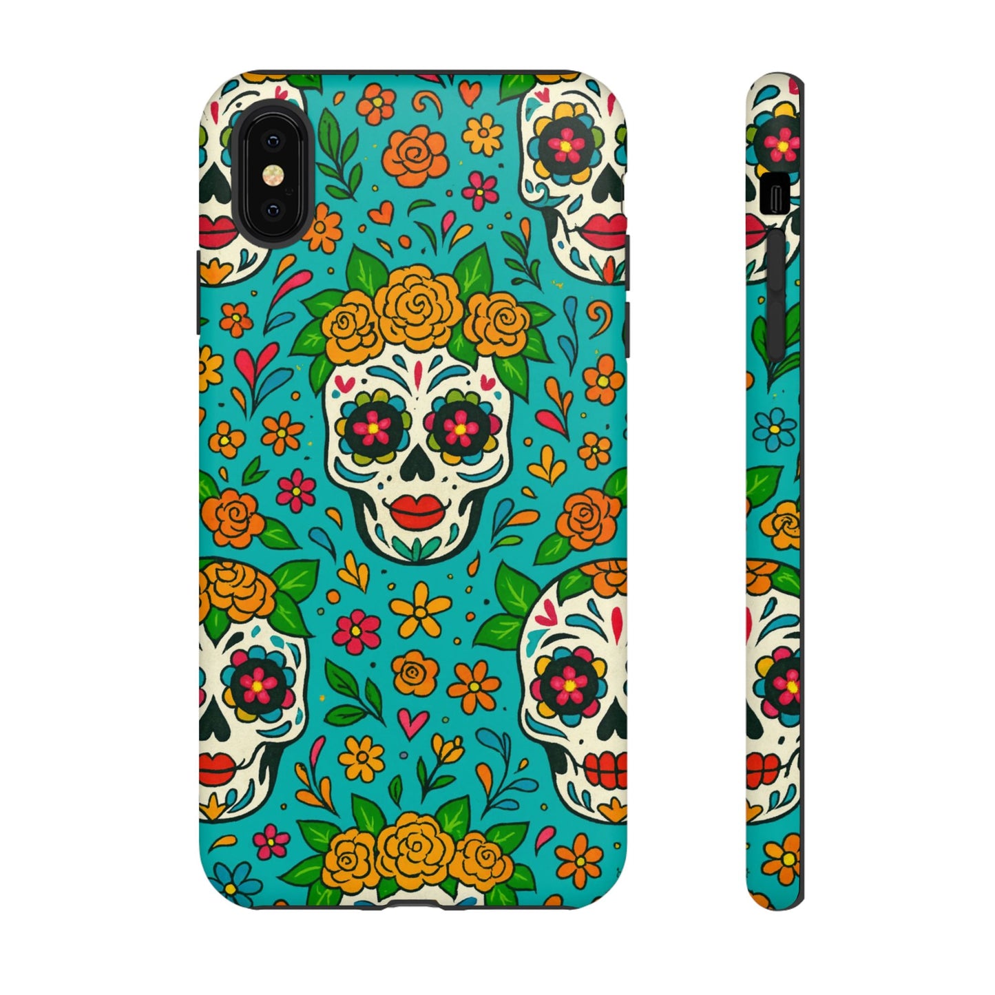 Teal Mexican Style Phone Cases With Floral Skulls - Dia De Los Muertos