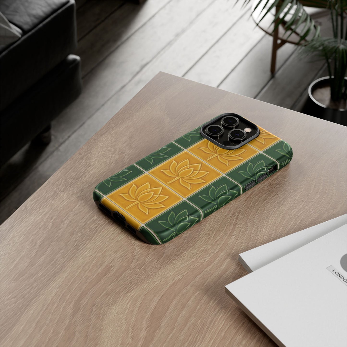 Tough Phone Cases - Mustard Yellow & Green Ceramic Tile From Caldas Da Rhaina, Portugal