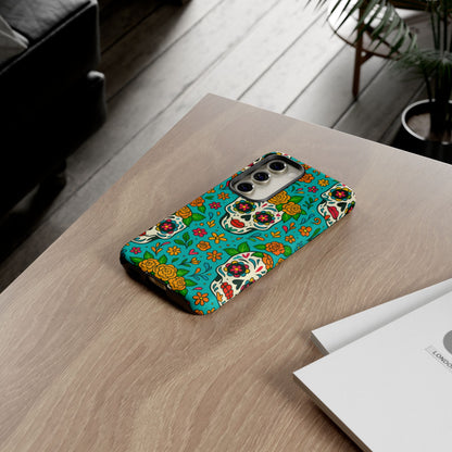Teal Mexican Style Phone Cases With Floral Skulls - Dia De Los Muertos