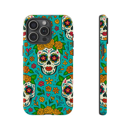 Teal Mexican Style Phone Cases With Floral Skulls - Dia De Los Muertos