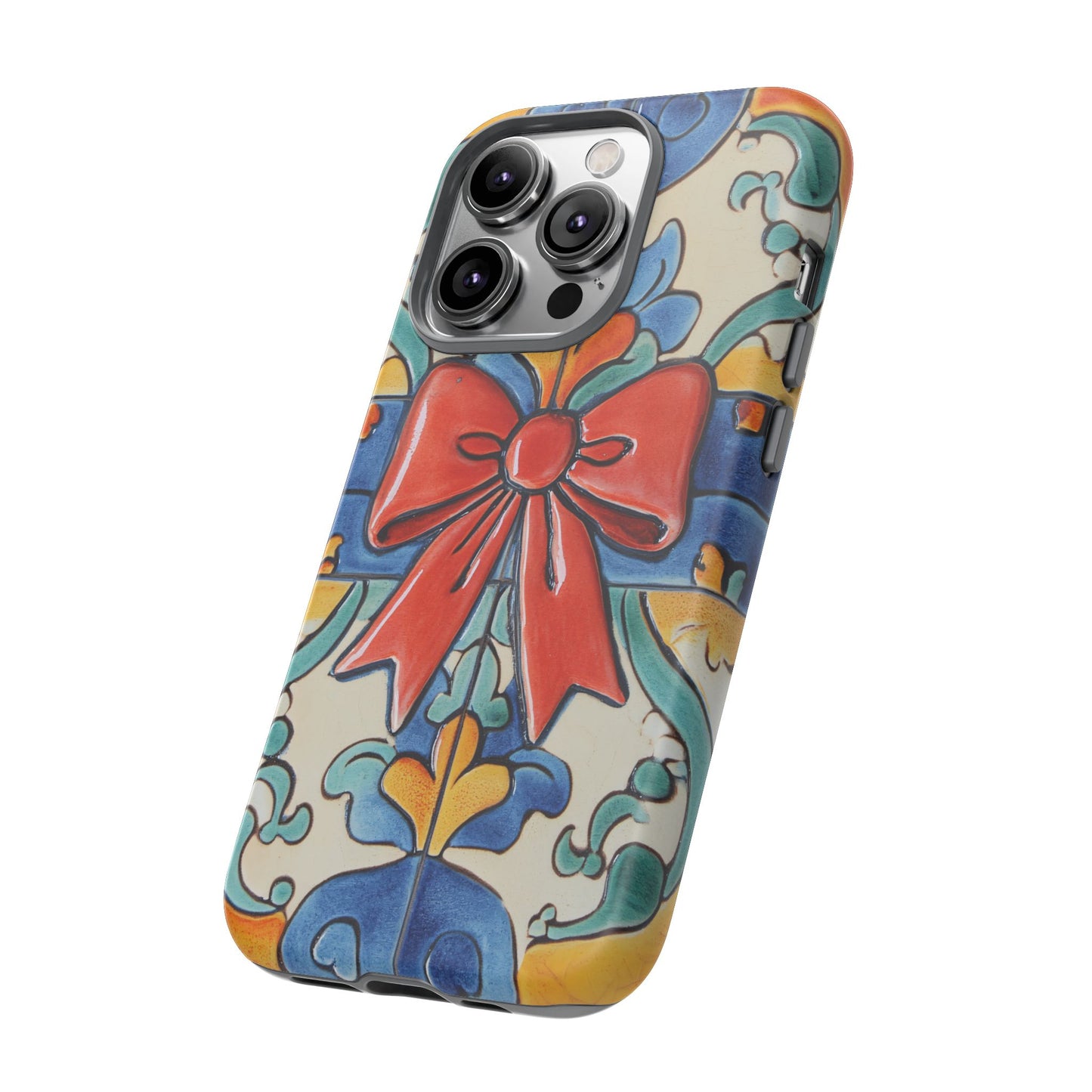 Colourful Ceramic Tile Design Phone Case With Red Bow