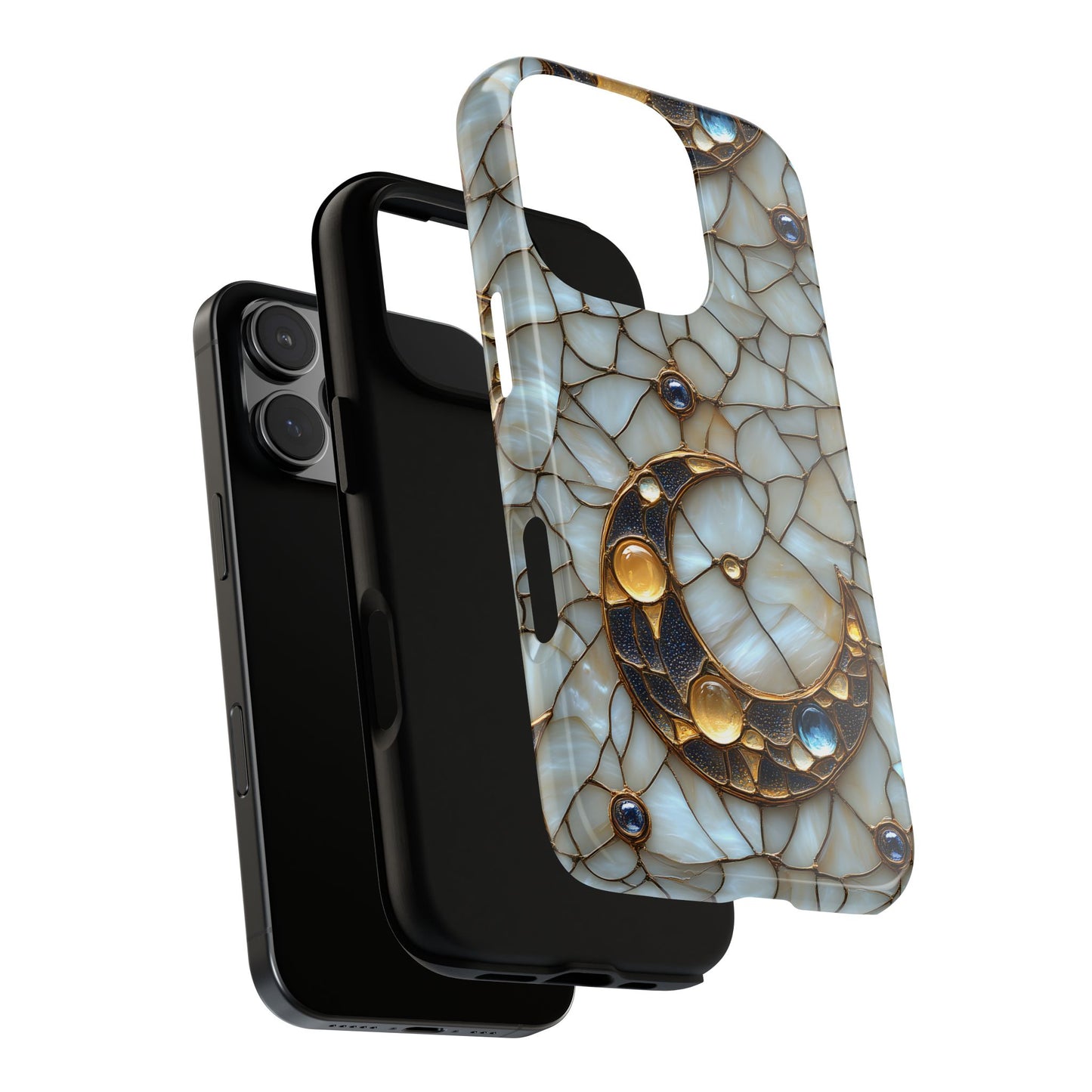 Celestial Phone Case - White Stained Glass & Gold Crescent Moon Print