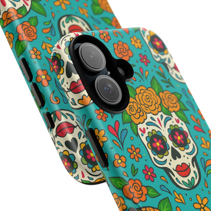Teal Mexican Style Phone Cases With Floral Skulls - Dia De Los Muertos