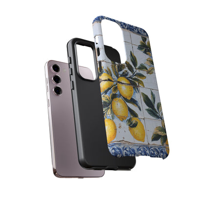 Phone Case, Coastal Tough Case With Lemons in Distressed Ceramic Tile Design, Protective Cover, Summer Accessory, Mediterranean Style iPhone