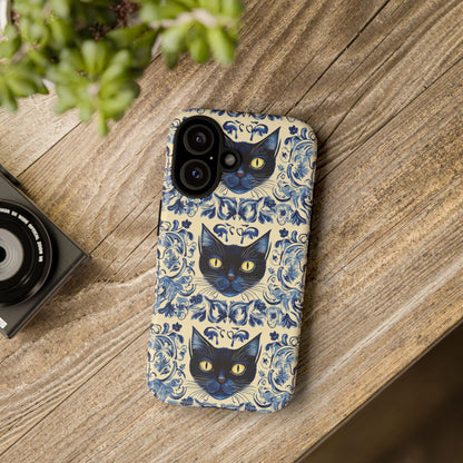 Tough Phone Case - Mediterranean Tile Motif With Blue Cats