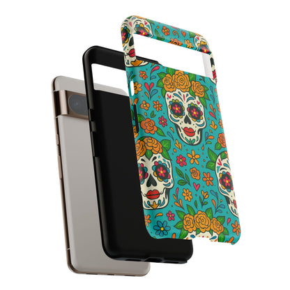 Teal Mexican Style Phone Cases With Floral Skulls - Dia De Los Muertos