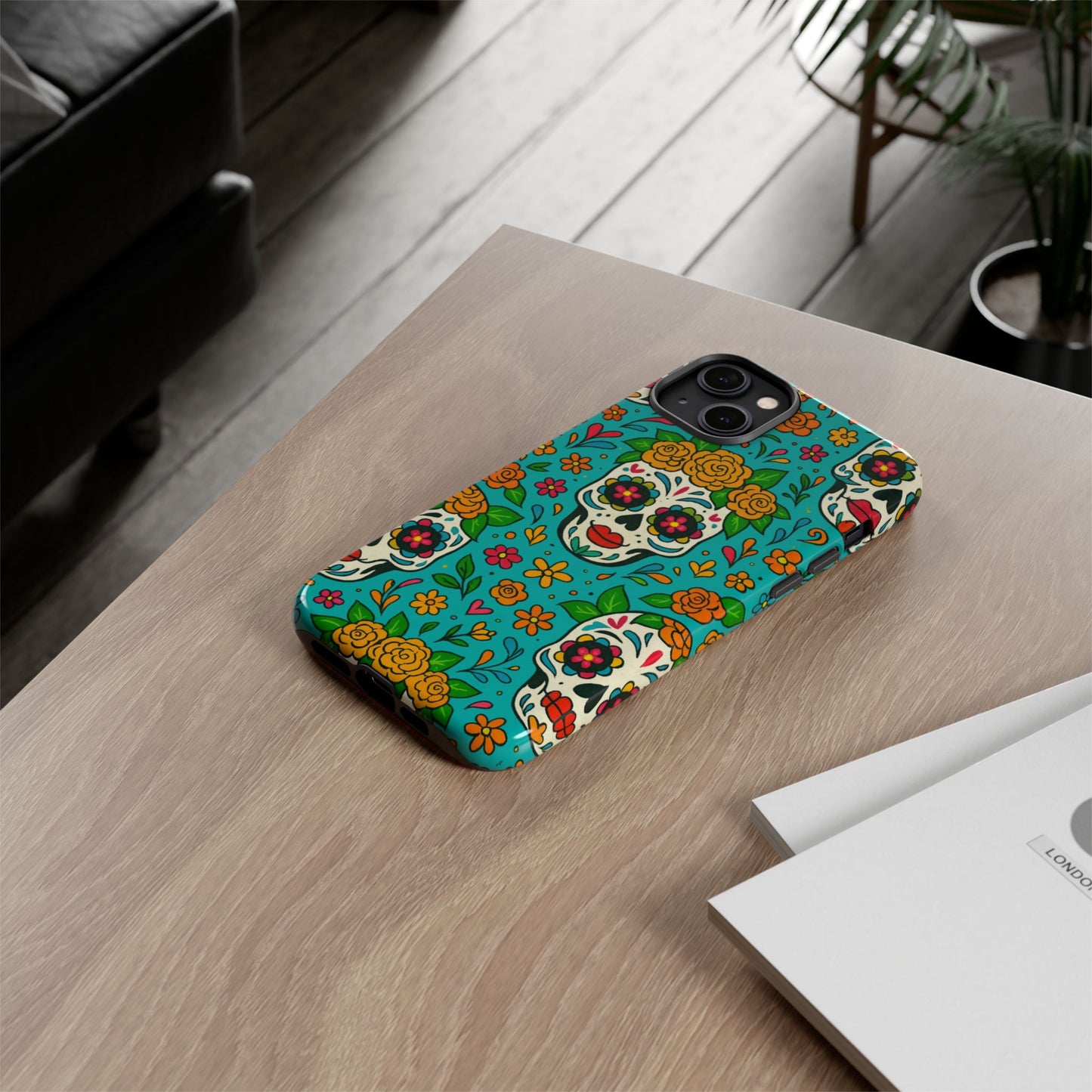 Teal Mexican Style Phone Cases With Floral Skulls - Dia De Los Muertos