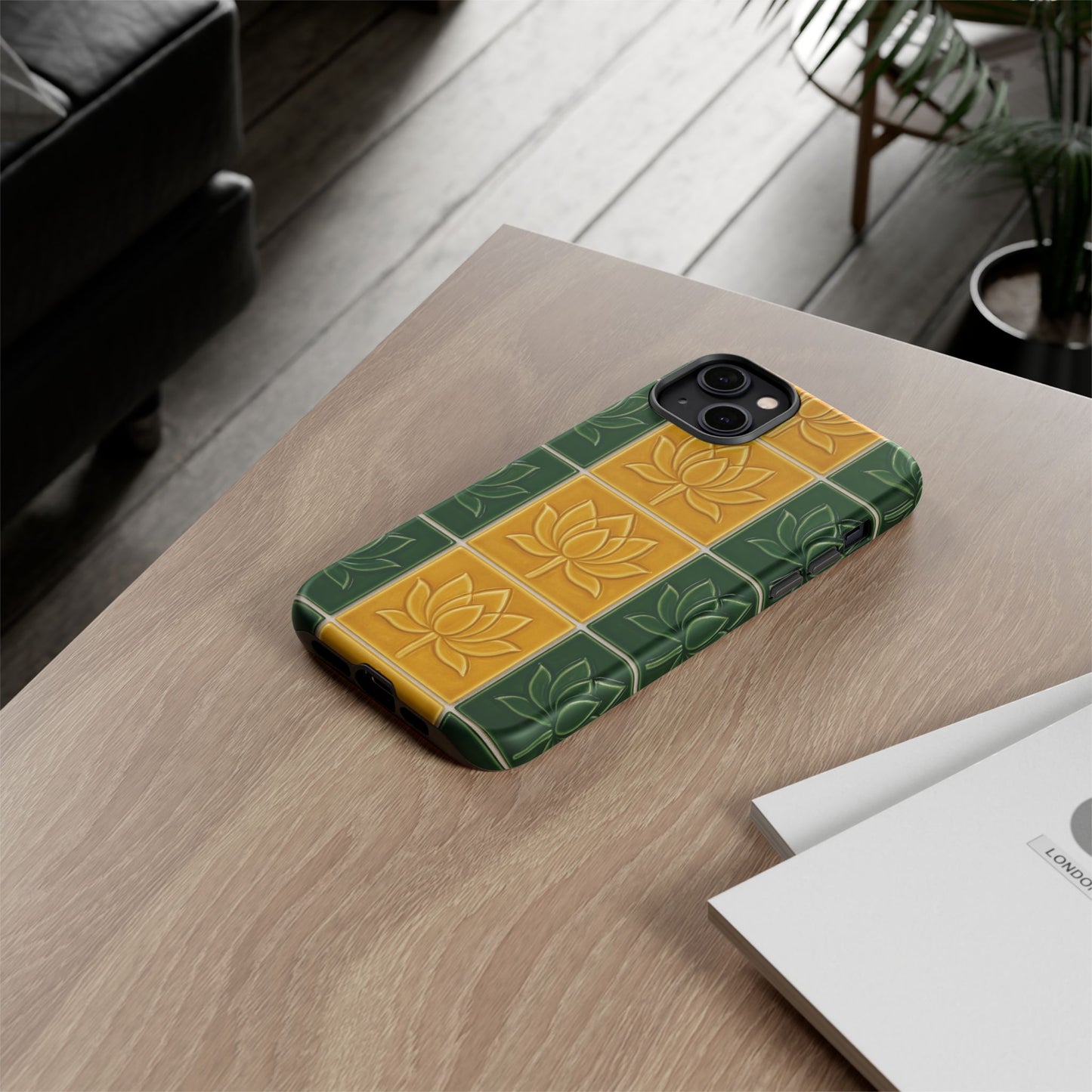 Tough Phone Cases - Mustard Yellow & Green Ceramic Tile From Caldas Da Rhaina, Portugal