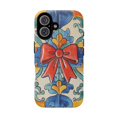 Colourful Ceramic Tile Design Phone Case With Red Bow