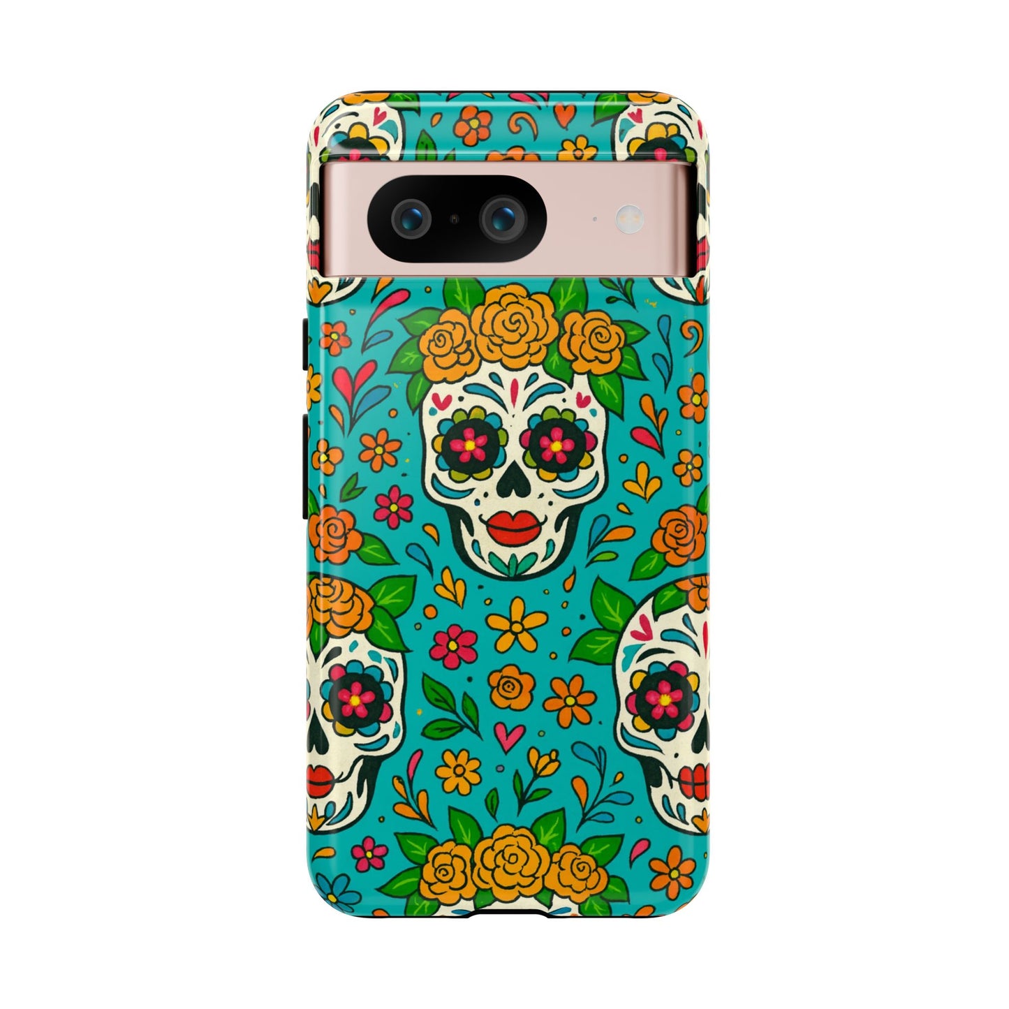 Teal Mexican Style Phone Cases With Floral Skulls - Dia De Los Muertos