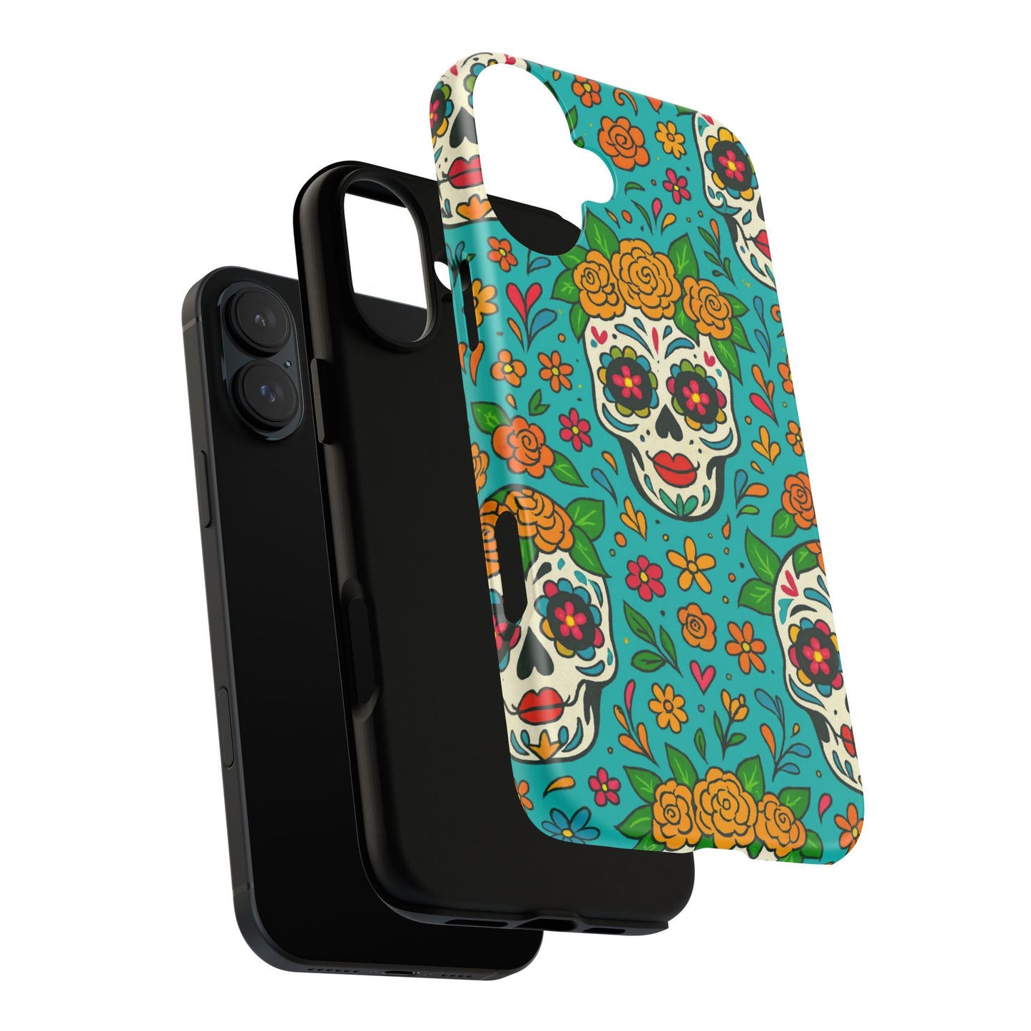 Teal Mexican Style Phone Cases With Floral Skulls - Dia De Los Muertos