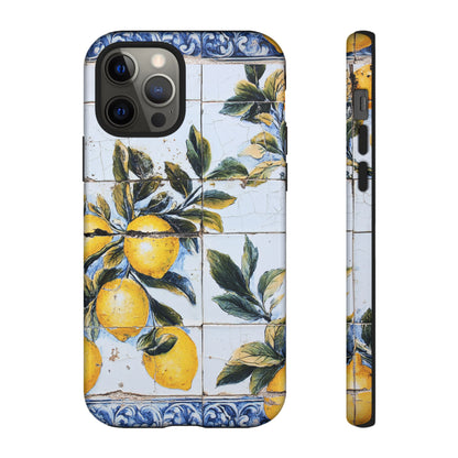 Phone Case, Coastal Tough Case With Lemons in Distressed Ceramic Tile Design, Protective Cover, Summer Accessory, Mediterranean Style iPhone