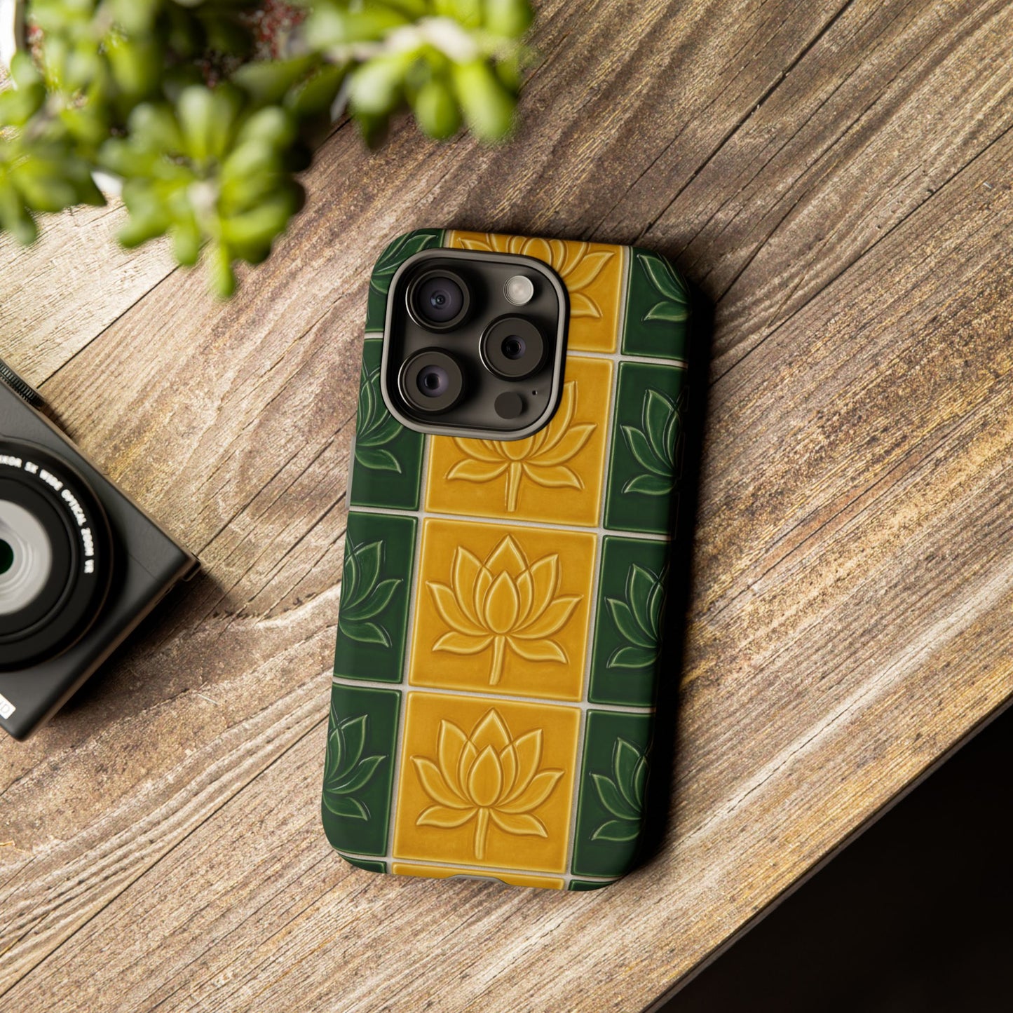 Tough Phone Cases - Mustard Yellow & Green Ceramic Tile From Caldas Da Rhaina, Portugal