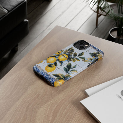 Phone Case, Coastal Tough Case With Lemons in Distressed Ceramic Tile Design, Protective Cover, Summer Accessory, Mediterranean Style iPhone