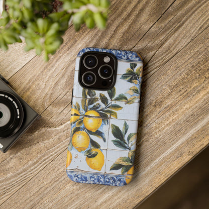 Phone Case, Coastal Tough Case With Lemons in Distressed Ceramic Tile Design, Protective Cover, Summer Accessory, Mediterranean Style iPhone