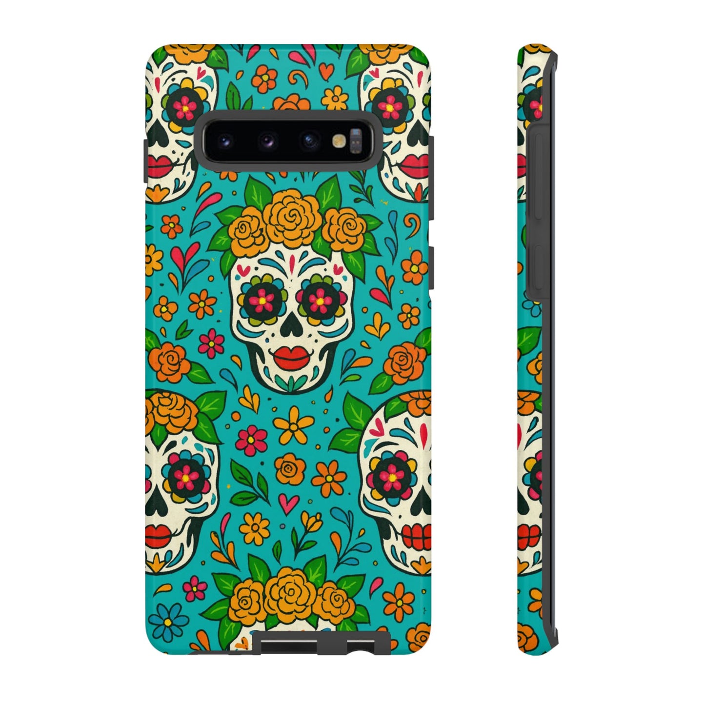Teal Mexican Style Phone Cases With Floral Skulls - Dia De Los Muertos