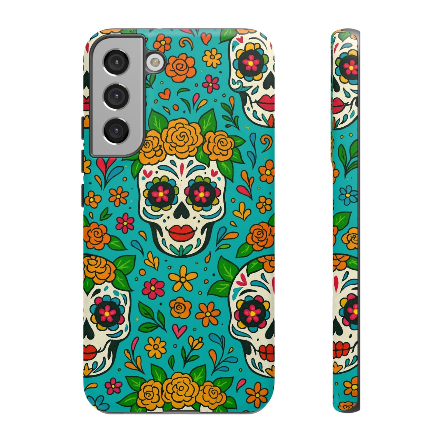 Teal Mexican Style Phone Cases With Floral Skulls - Dia De Los Muertos