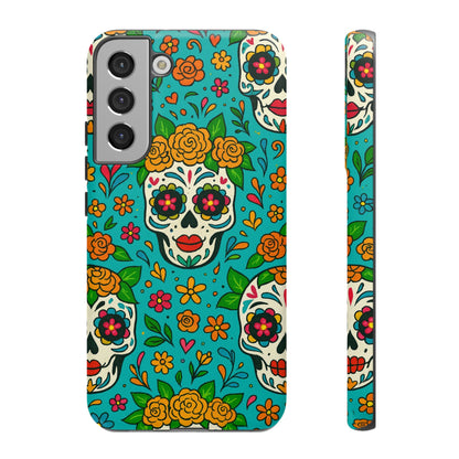Teal Mexican Style Phone Cases With Floral Skulls - Dia De Los Muertos