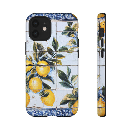 Phone Case, Coastal Tough Case With Lemons in Distressed Ceramic Tile Design, Protective Cover, Summer Accessory, Mediterranean Style iPhone
