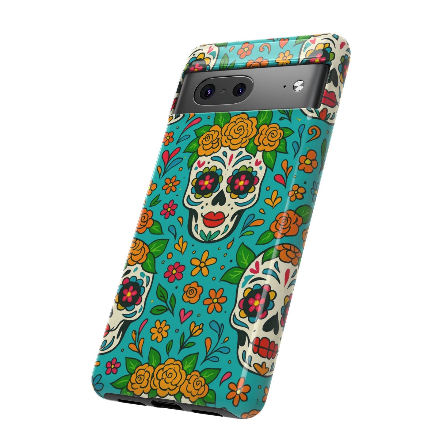Teal Mexican Style Phone Cases With Floral Skulls - Dia De Los Muertos