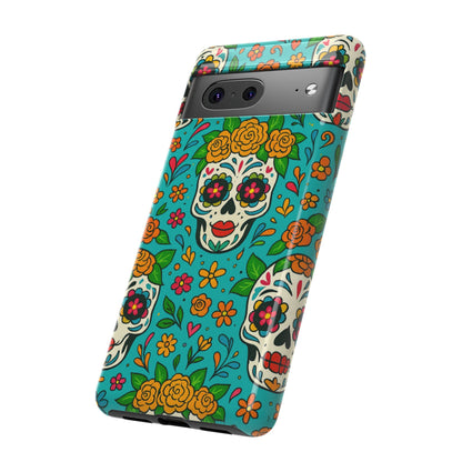 Teal Mexican Style Phone Cases With Floral Skulls - Dia De Los Muertos