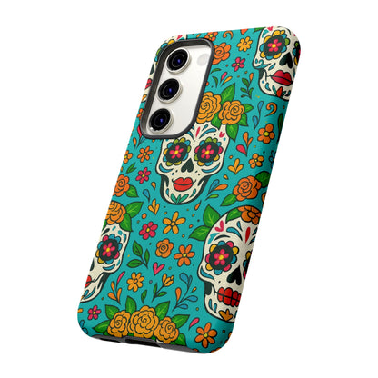 Teal Mexican Style Phone Cases With Floral Skulls - Dia De Los Muertos