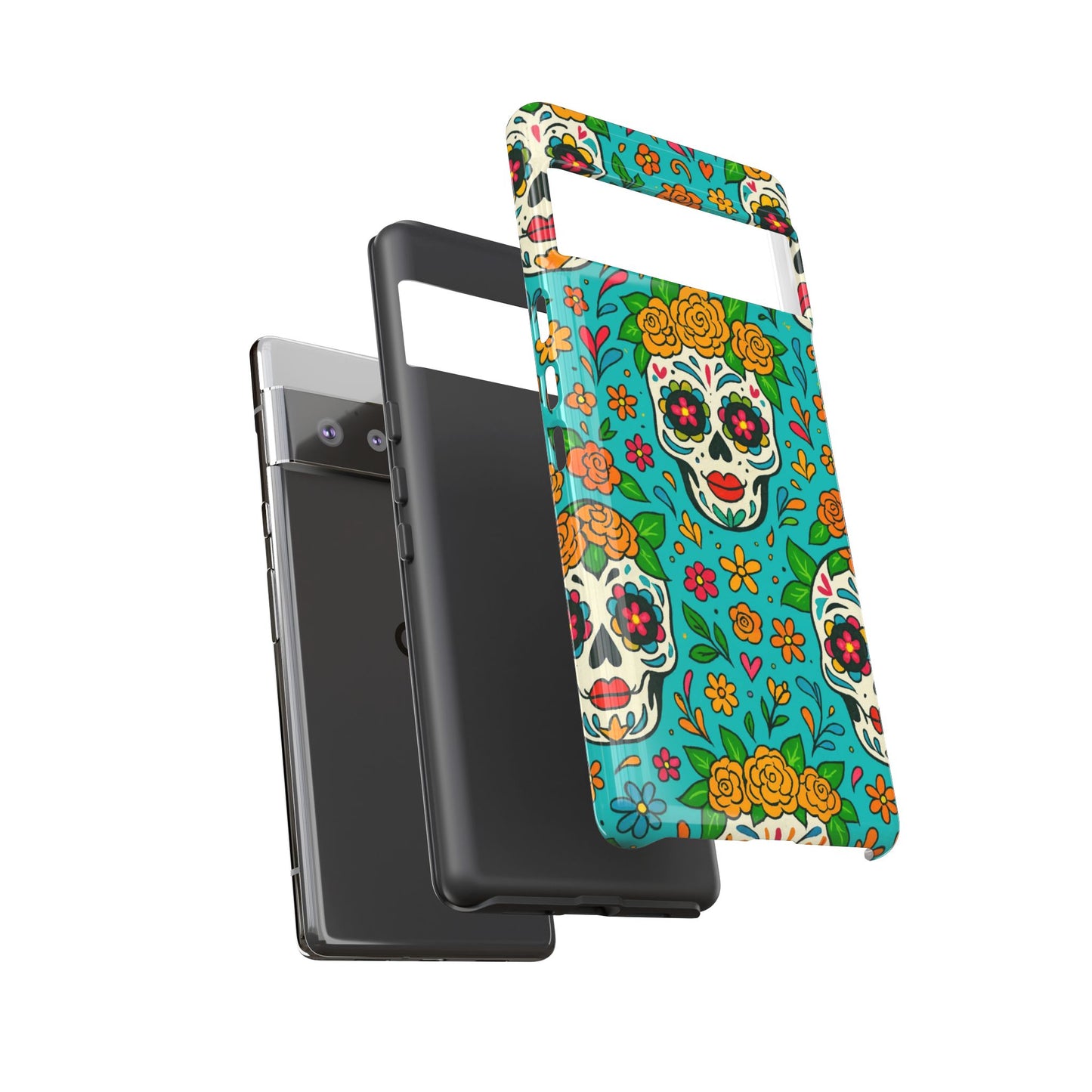 Teal Mexican Style Phone Cases With Floral Skulls - Dia De Los Muertos