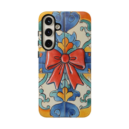 Colourful Ceramic Tile Design Phone Case With Red Bow