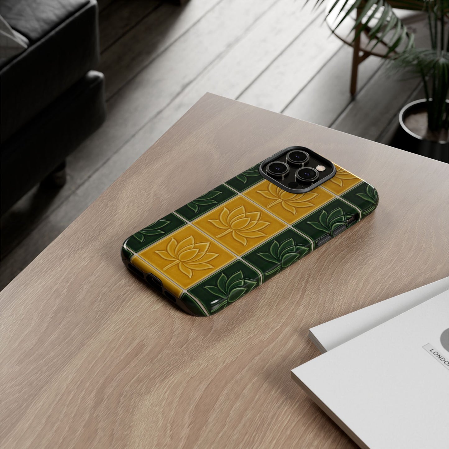 Tough Phone Cases - Mustard Yellow & Green Ceramic Tile From Caldas Da Rhaina, Portugal