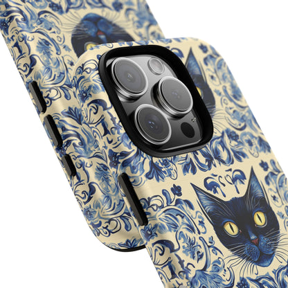 Tough Phone Case - Mediterranean Tile Motif With Blue Cats