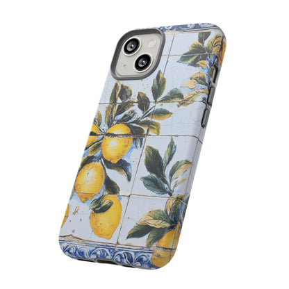 Phone Case, Coastal Tough Case With Lemons in Distressed Ceramic Tile Design, Protective Cover, Summer Accessory, Mediterranean Style iPhone
